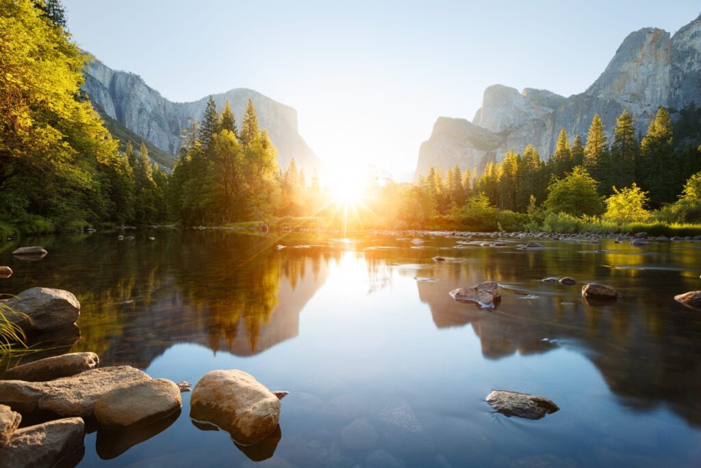 Sunrise over a tranquil river with rocks in the foreground, pine trees along the banks, and towering mountains in the background, all reflected in the calm water.