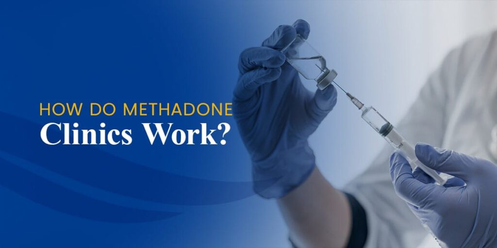 A person wearing blue gloves holds a vial and draws liquid into a syringe. Text on the left reads, How do methadone clinics work? on a blue background.