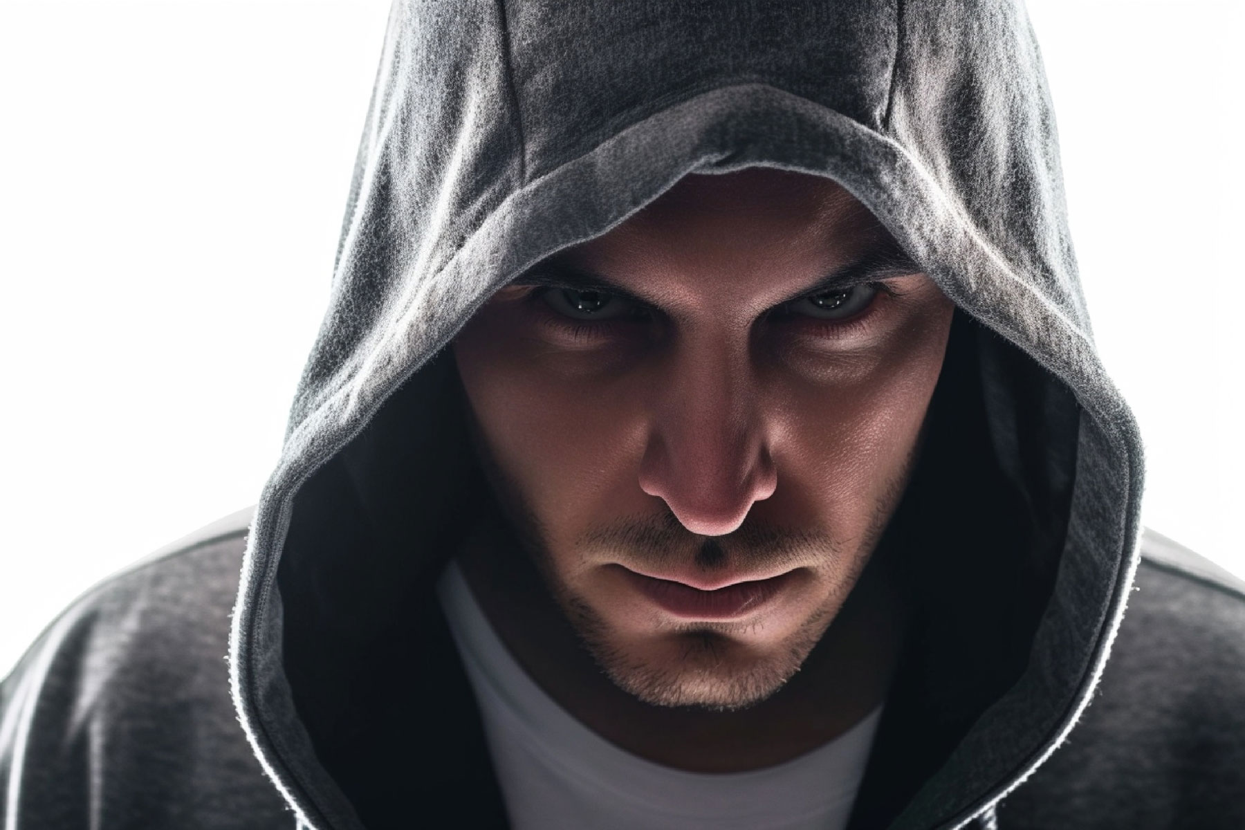 person in hoodie with stern look on face while struggling with substance use and developing heroin sores