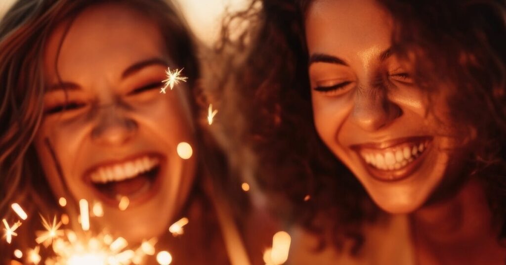 Two women laugh while holding sparklers outside during a sober july 4th celebration.