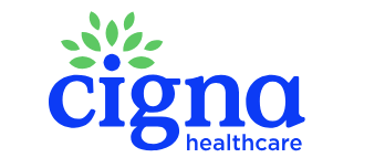Cigna Healthcare logo with cigna in blue lowercase letters, healthcare in smaller blue text below, and a green leaf design forming a circular shape above the first letter—a trusted name for those searching for addiction treatment near me.