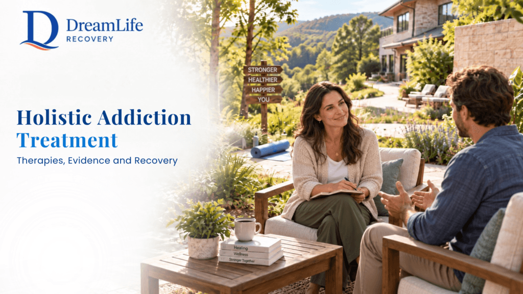A female therapist listens attentively to a man speaking during an outdoor therapy session. The graphic includes the text 'Holistic Addiction Treatment: Therapies, Evidence and Recovery' and the DreamLife Recovery logo against a faded white background.
