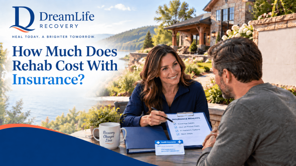 A smiling female counselor reviews an 'Insurance Benefits' checklist on a clipboard with a man at an outdoor table. The left side features the text 'How Much Does Rehab Cost With Insurance?' alongside the DreamLife Recovery logo against a blue background.