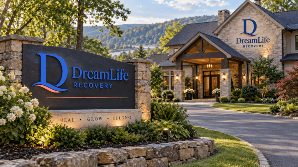 Exterior entrance of DreamLife Recovery building and main signage surrounded by green landscaping and hills.